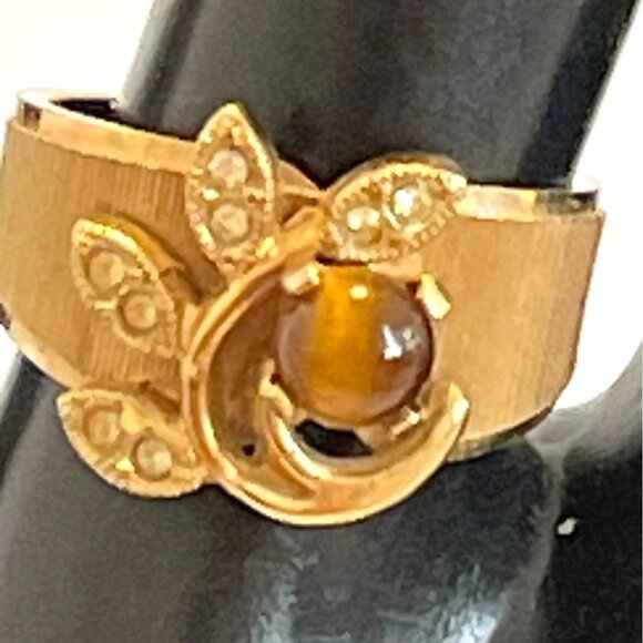 18K Gold Plated Ring Ribbed Band Tiger Eye Stone Crystal Accents Sz 6.75 Vintage - Picture 1 of 9
